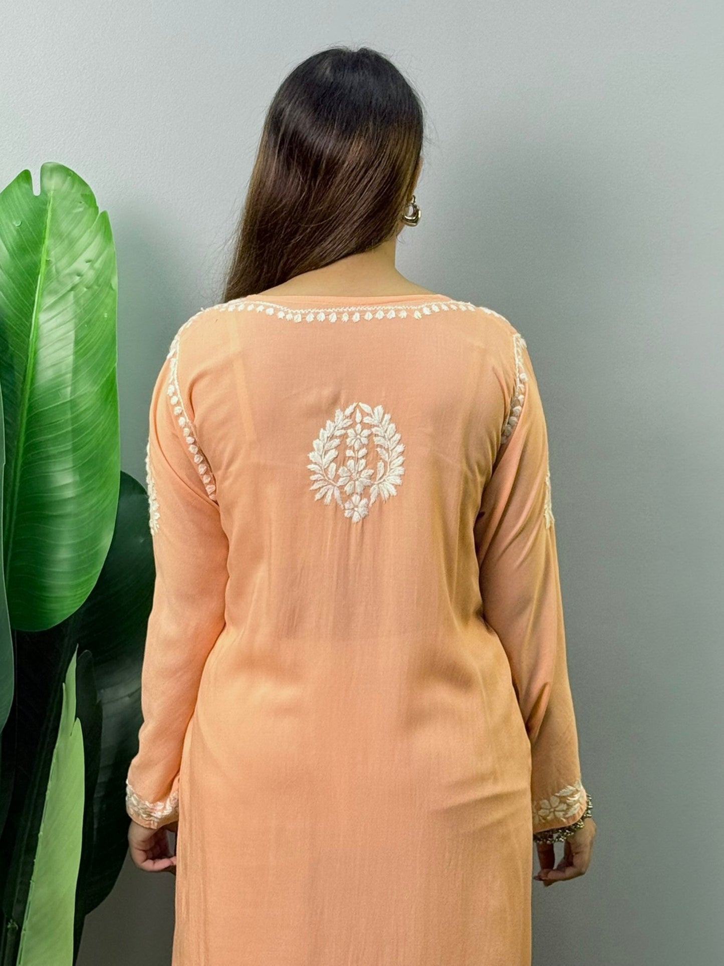 Peach modal Chikankari kurta with white hand embroidery – soft and comfortable ethnic wear for women