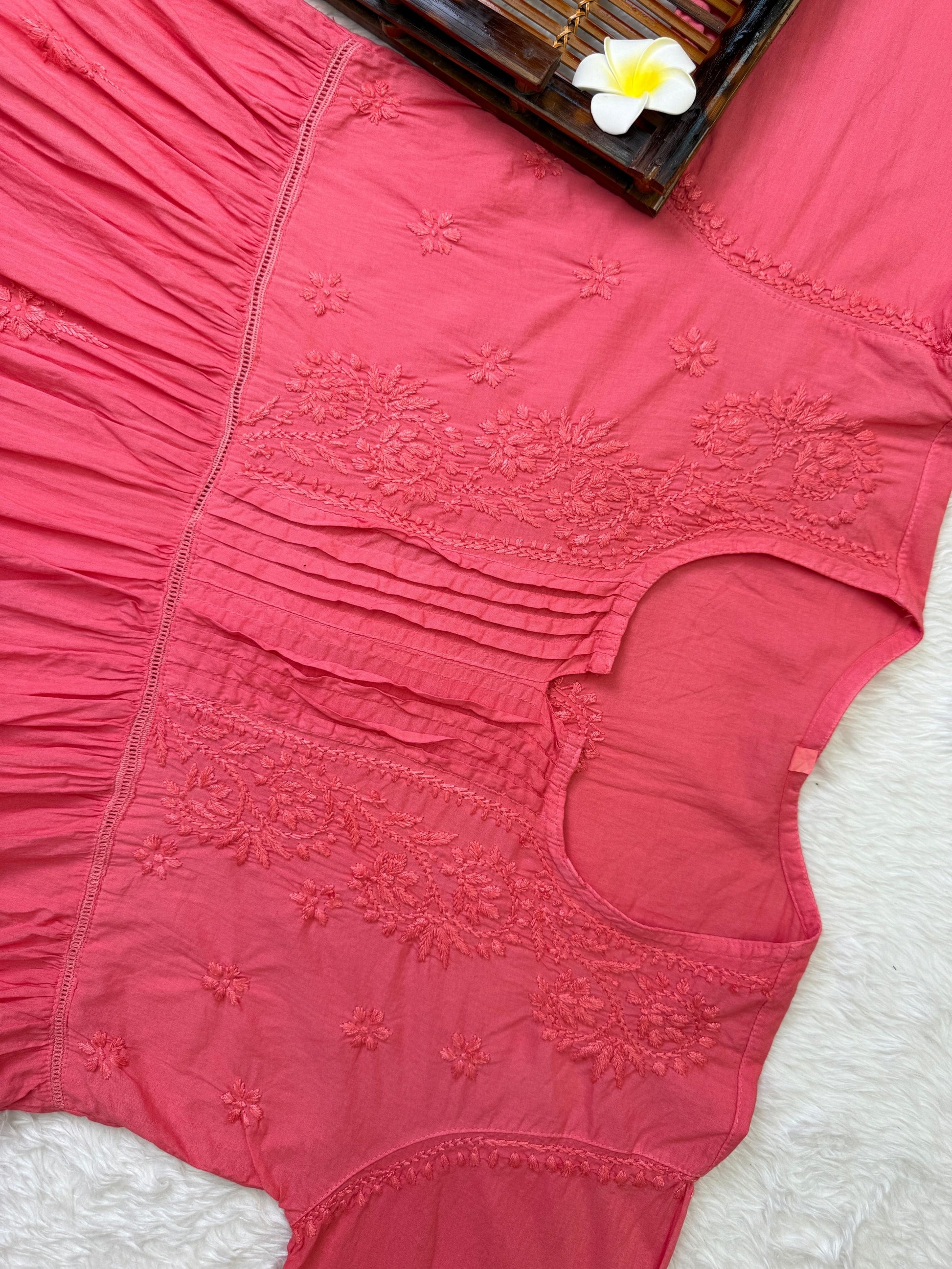 Coral pink cotton short flair chikankari kurta with pant and hand embroidery