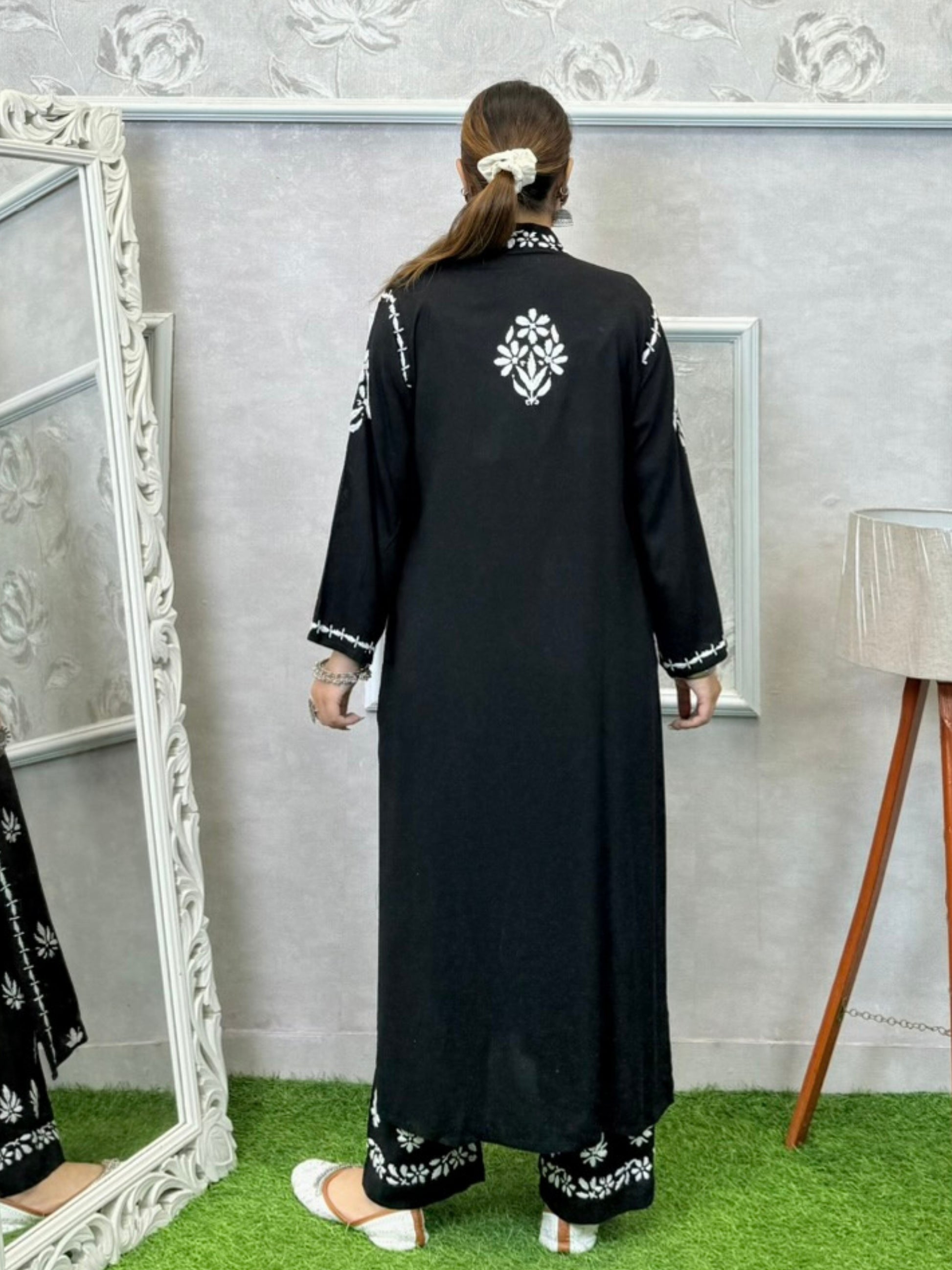 Black Lucknowi Chikankari 3-piece rayon set with sleeveless kurta, embroidered shrug, and pant
