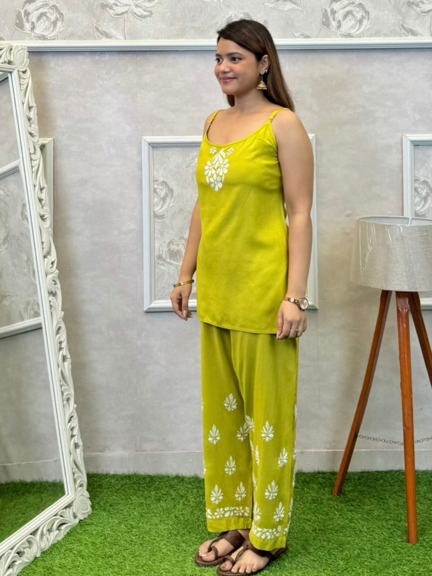 Lime green Lucknowi Chikankari 3-piece rayon set with sleeveless kurta, embroidered shrug, and pant