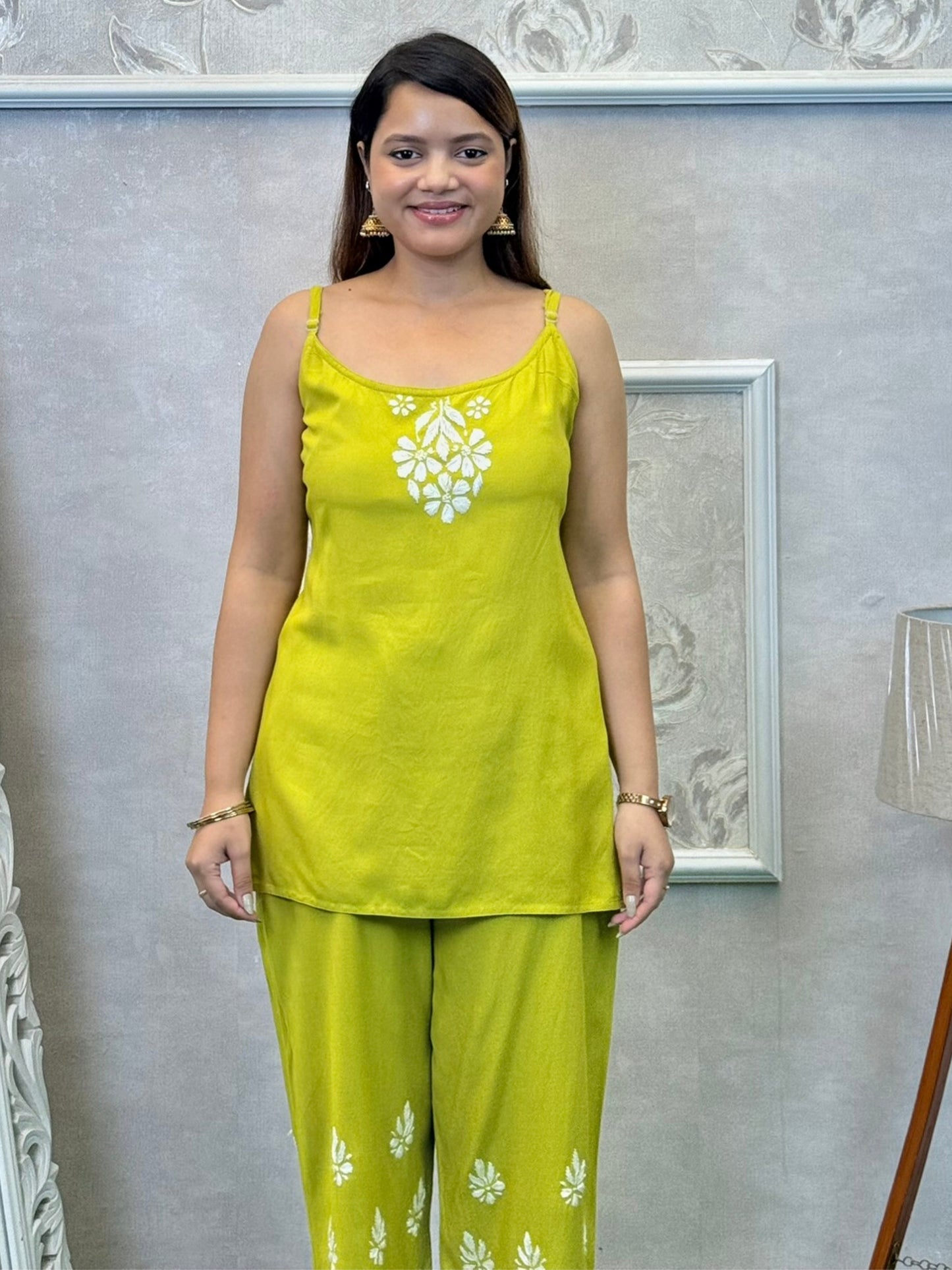 Lime green Lucknowi Chikankari 3-piece rayon set with sleeveless kurta, embroidered shrug, and pant