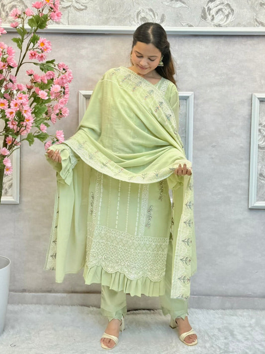 Pista green designer georgette kurta set with hand embroidery and matching dupatta