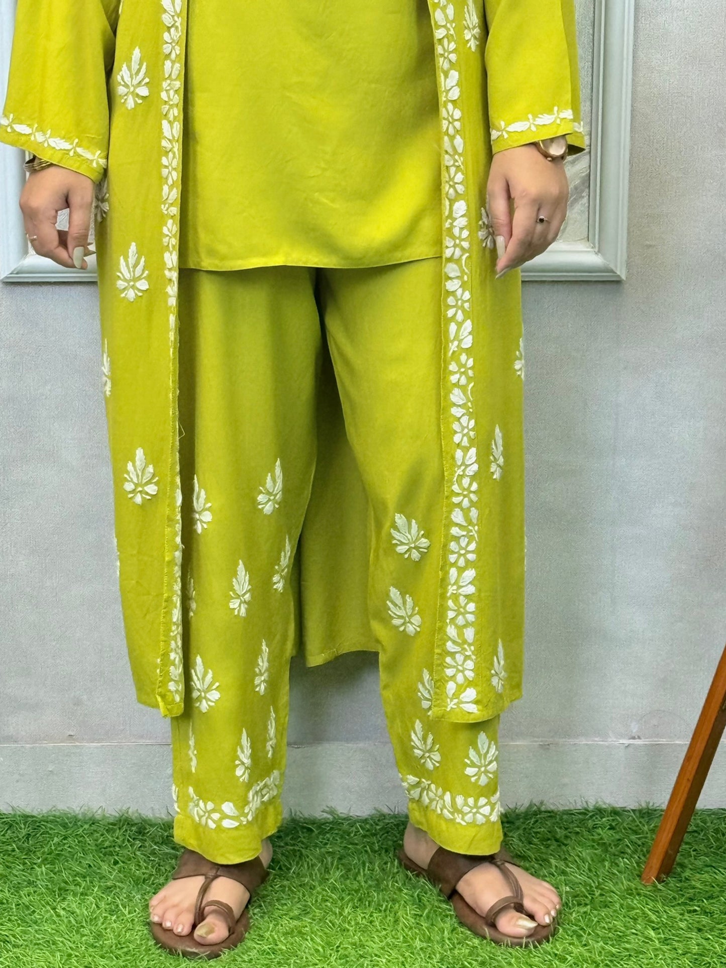 Lime green Lucknowi Chikankari 3-piece rayon set with sleeveless kurta, embroidered shrug, and pant