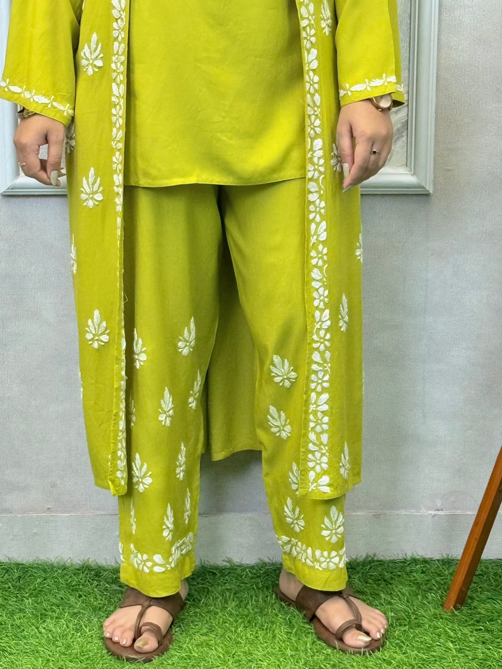 Lime green Lucknowi Chikankari 3-piece rayon set with sleeveless kurta, embroidered shrug, and pant