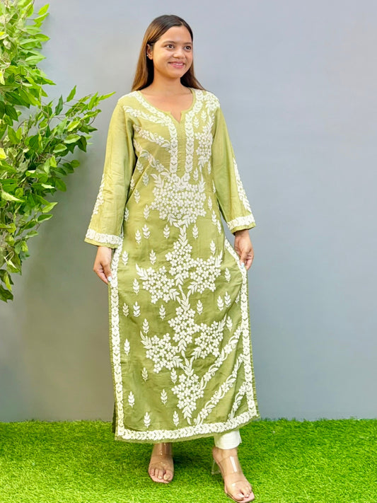 Model wearing ombre olive green chanderi kurta with intricate 3D chikankari floral embroidery.