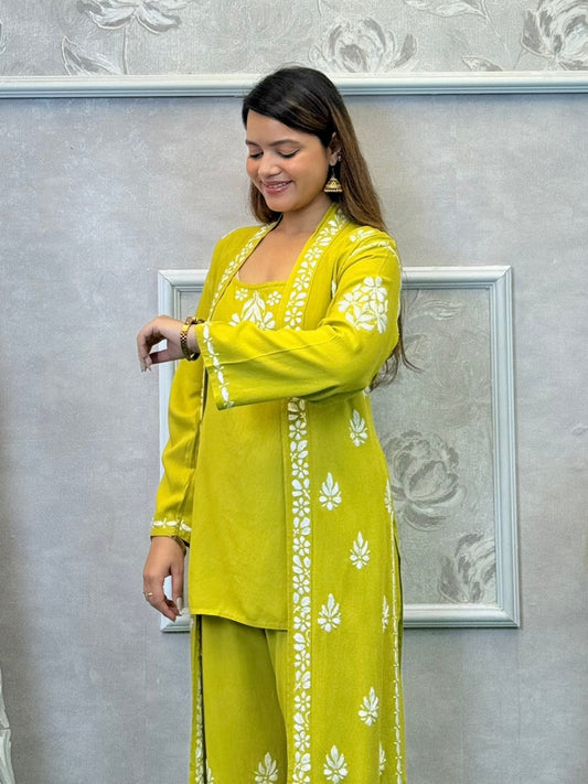Lime green Lucknowi Chikankari 3-piece rayon set with sleeveless kurta, embroidered shrug, and pant