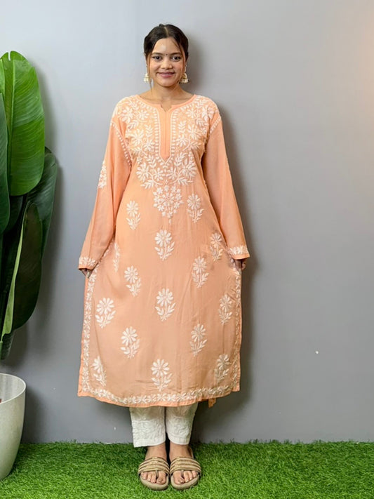 Peach modal Lucknowi Chikankari kurta with white hand embroidery, ideal for casual summer wear