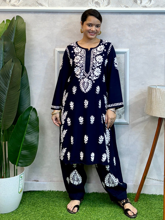 Navy blue rayon Lucknowi Chikankari kurta with white hand embroidery paired with matching dhoti pant – premium soft set.