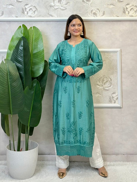 Teal green Chanderi kurta with Lucknowi Chikankari hand embroidery and lace detailing – premium ethnic wear for women