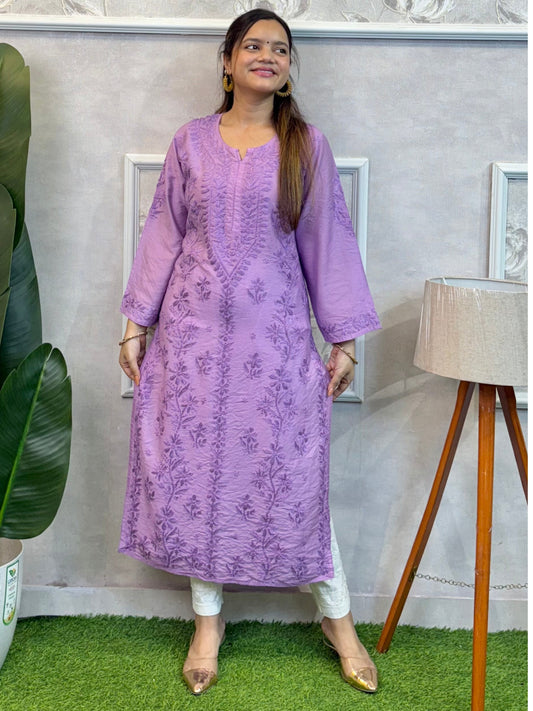 Lavender Chanderi Lucknow Chikankari Kurta with hand embroidery