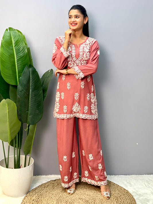 Dusty Rose Lucknow Chikankari rayon short kurta with palazzo pant featuring white hand embroidery.