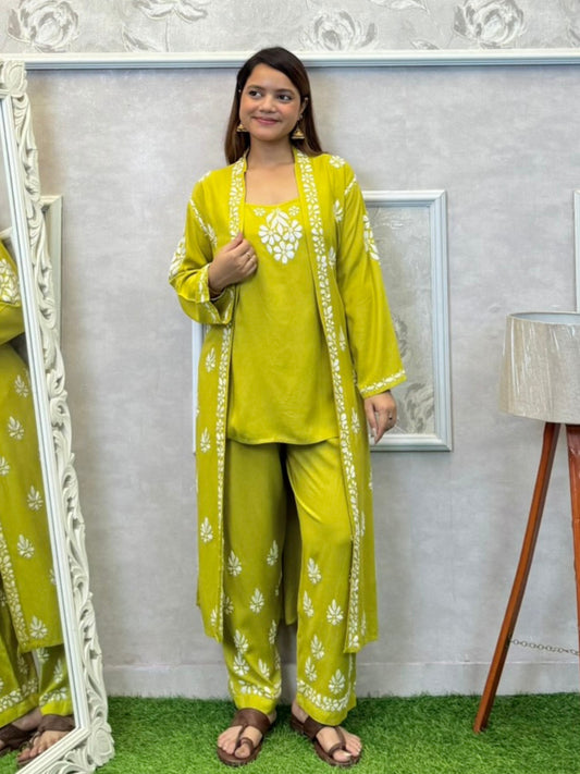 Lime green Lucknowi Chikankari 3-piece rayon set with sleeveless kurta, embroidered shrug, and pant