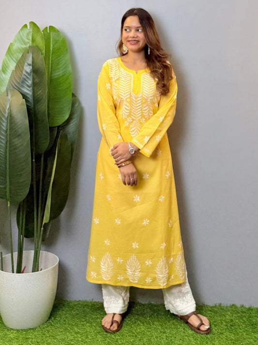 Yellow cotton Lucknow Chikankari kurta with hand embroidery and straight-fit design.