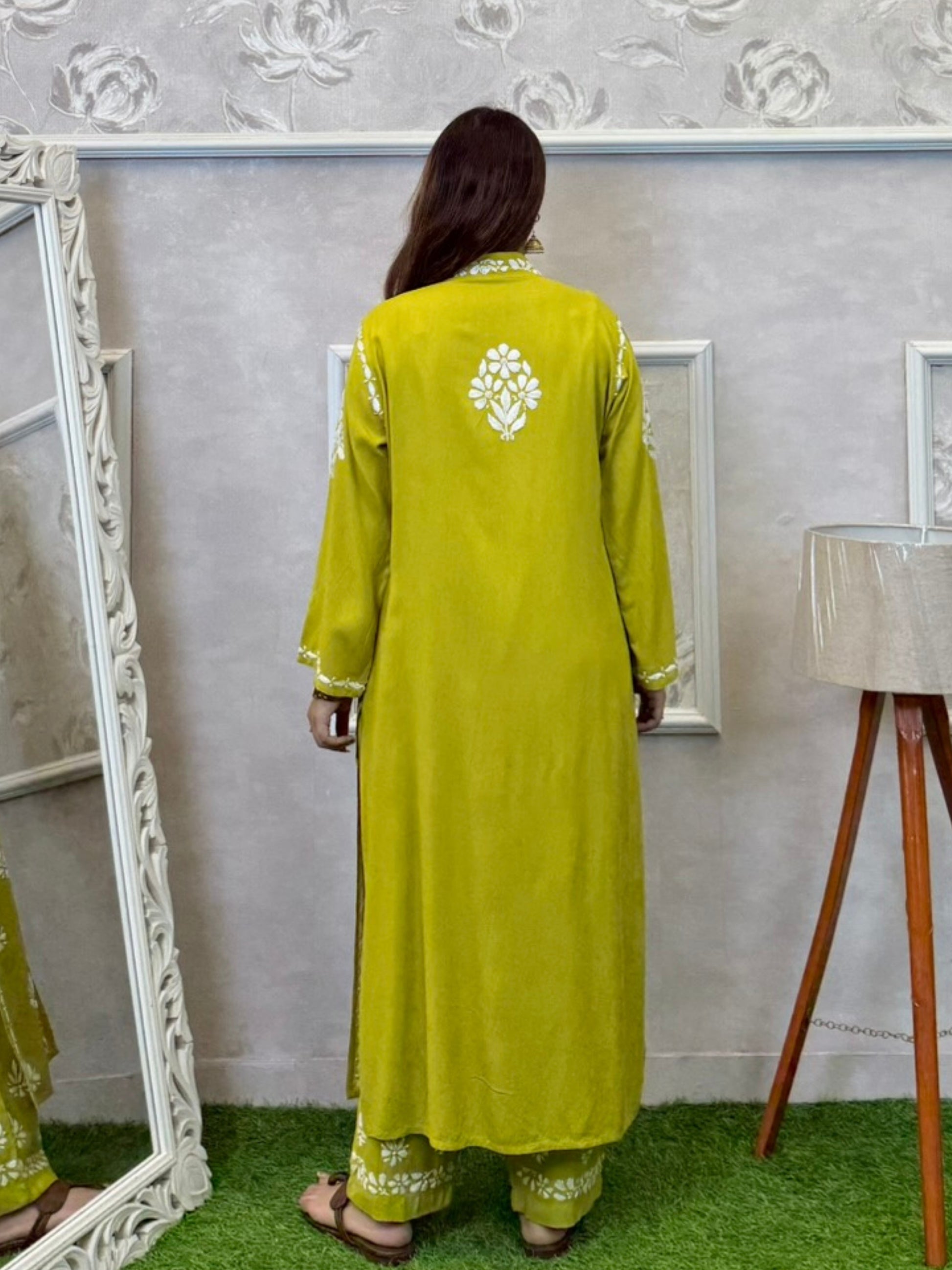 Lime green Lucknowi Chikankari 3-piece rayon set with sleeveless kurta, embroidered shrug, and pant