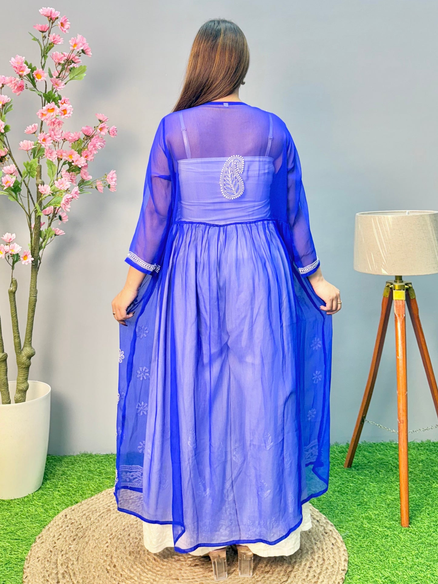 Royal blue georgette Lucknow Chikankari long frock kurta with white embroidery