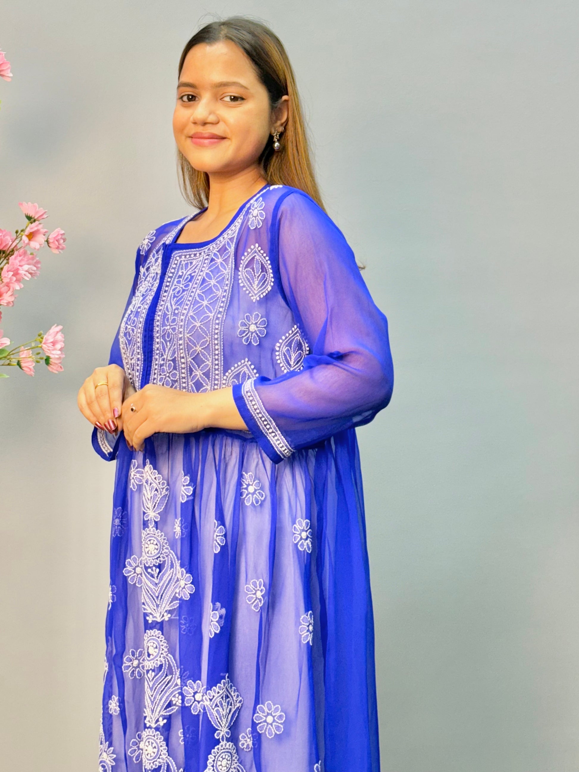 Royal blue georgette Lucknow Chikankari long frock kurta with white embroidery