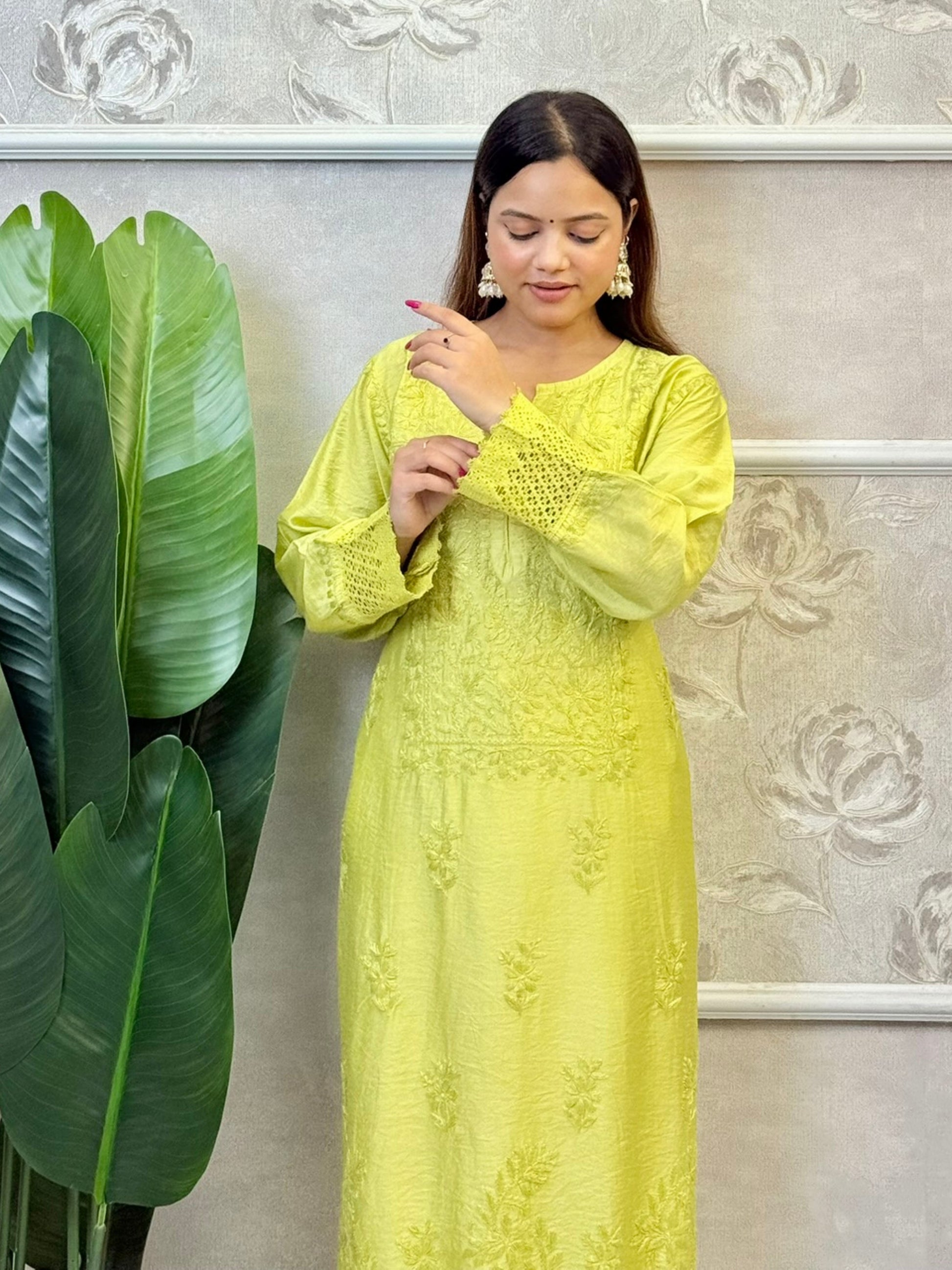 Lime yellow Chanderi kurta with Lucknowi Chikankari and lace work – soft, premium ethnic wear for women