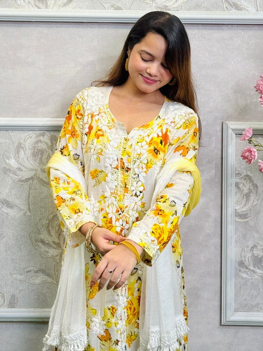 Lucknow Chikankari yellow floral printed mulmul kurta palazzo set with chiffon dupatta and hand embroidery
