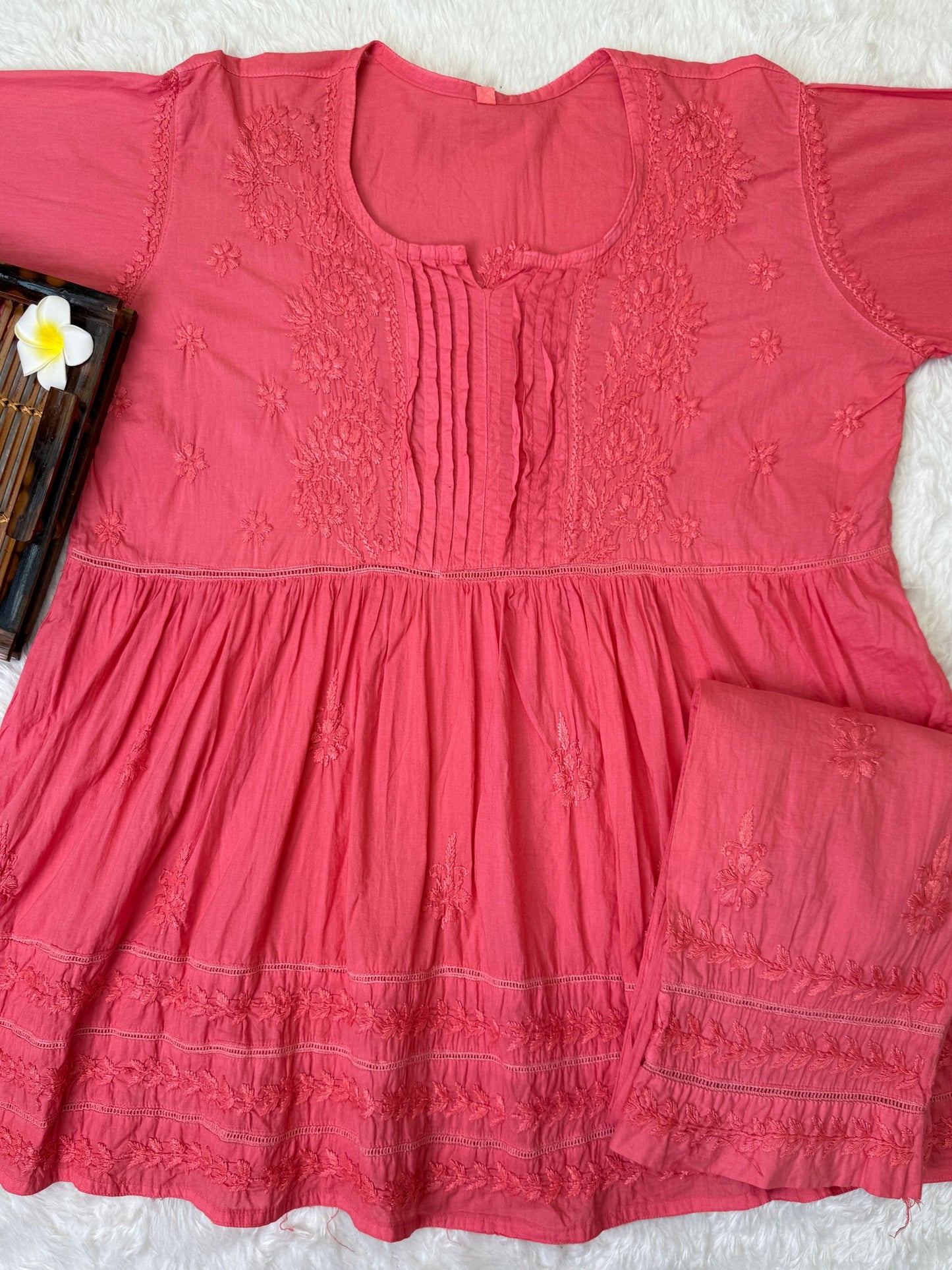 Coral pink cotton short flair chikankari kurta with pant and hand embroidery