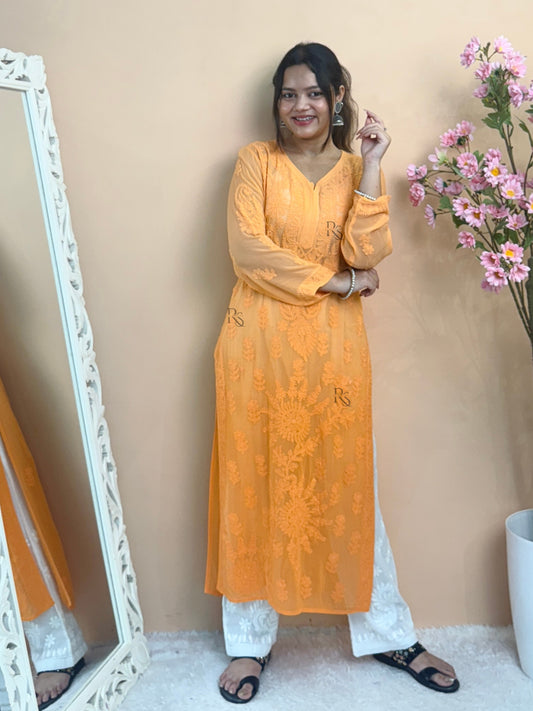Orange Lucknow chikankari viscose kurta with hand embroidery in transy fabric