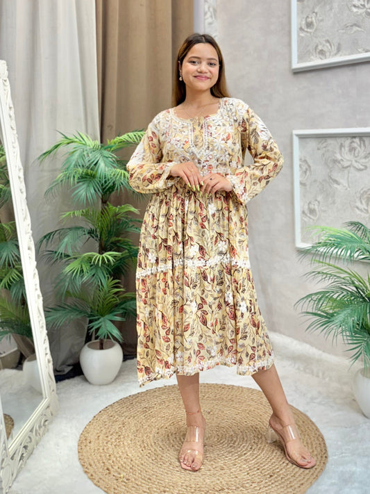 Printed Beige Mulmul Chikankari Frock – Flared Knee-Length Kurta
