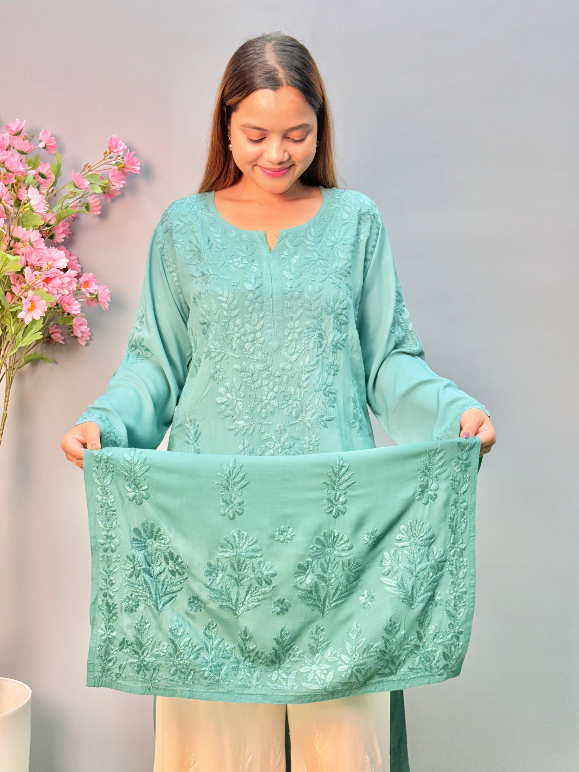 Sea green modal fabric Lucknow Chikankari long straight kurta with handcrafted embroidery