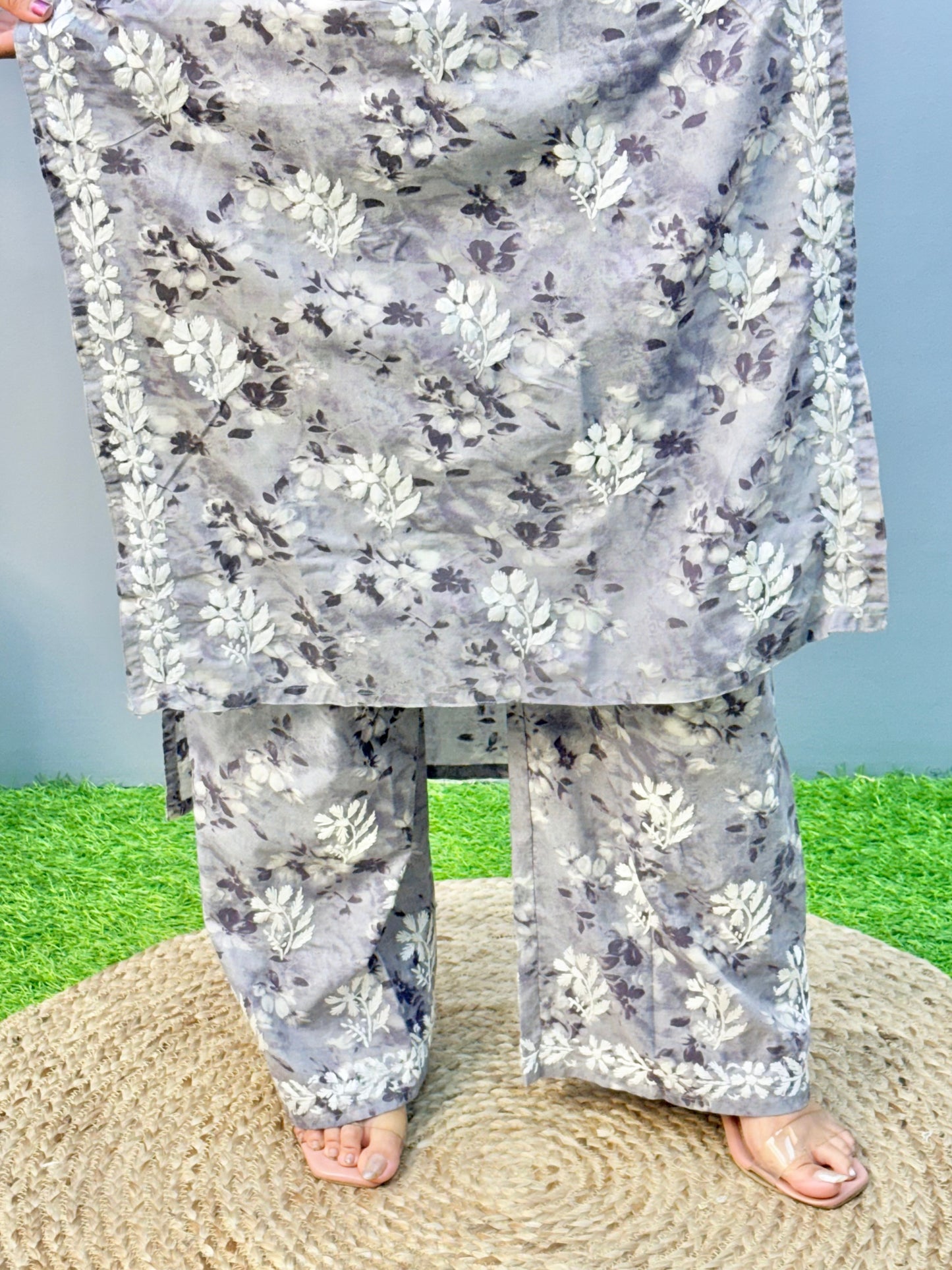 Smoky grey mulmul printed Lucknow Chikankari kurta and palazzo set