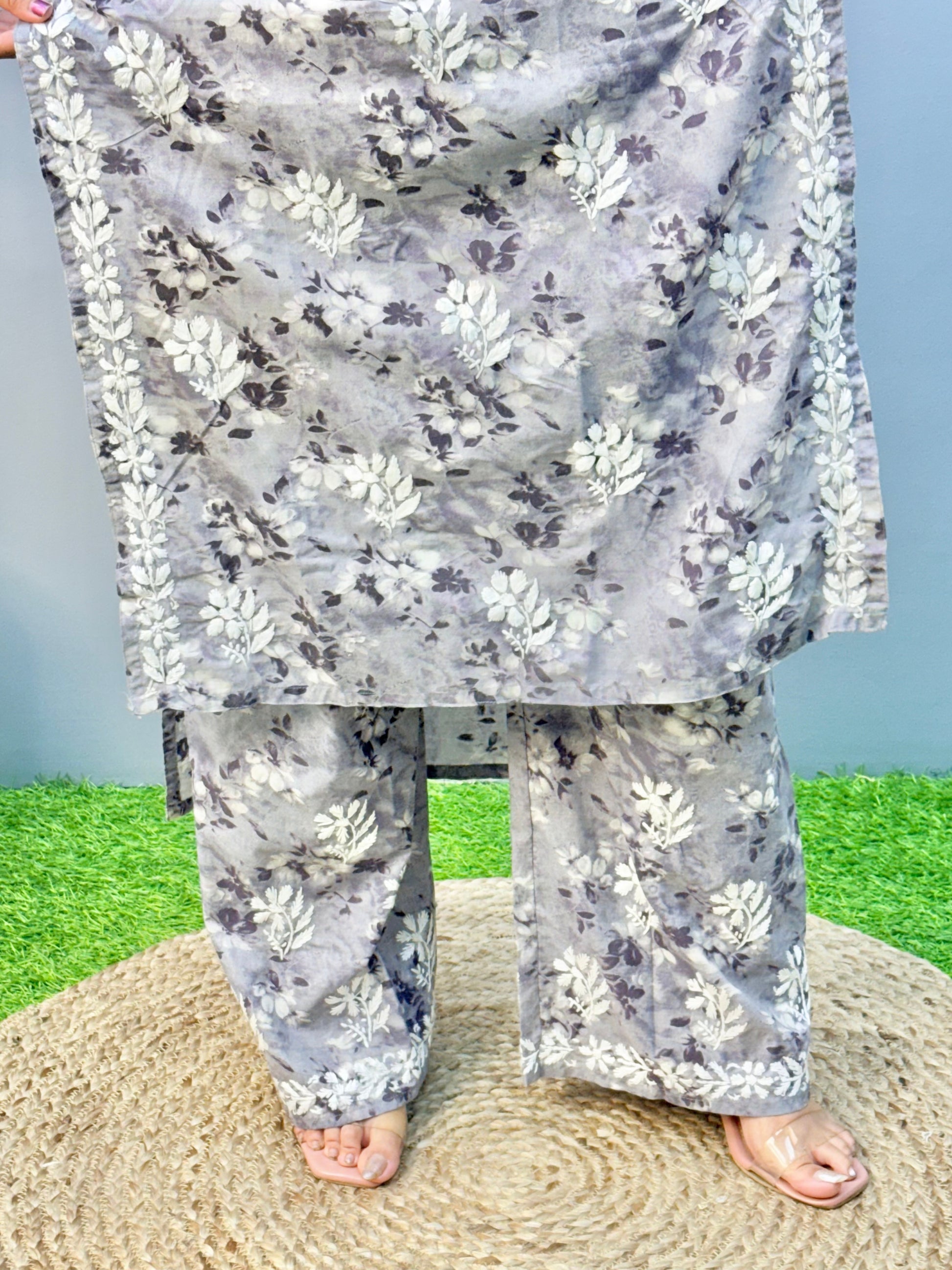Smoky grey mulmul printed Lucknow Chikankari kurta and palazzo set