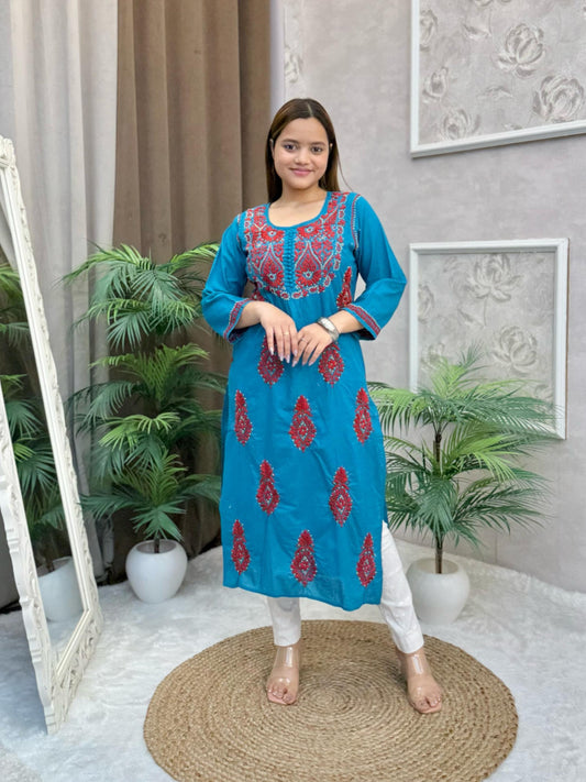 Teal blue cotton kurta with red and white contrast Lucknow Chikankari embroidery
