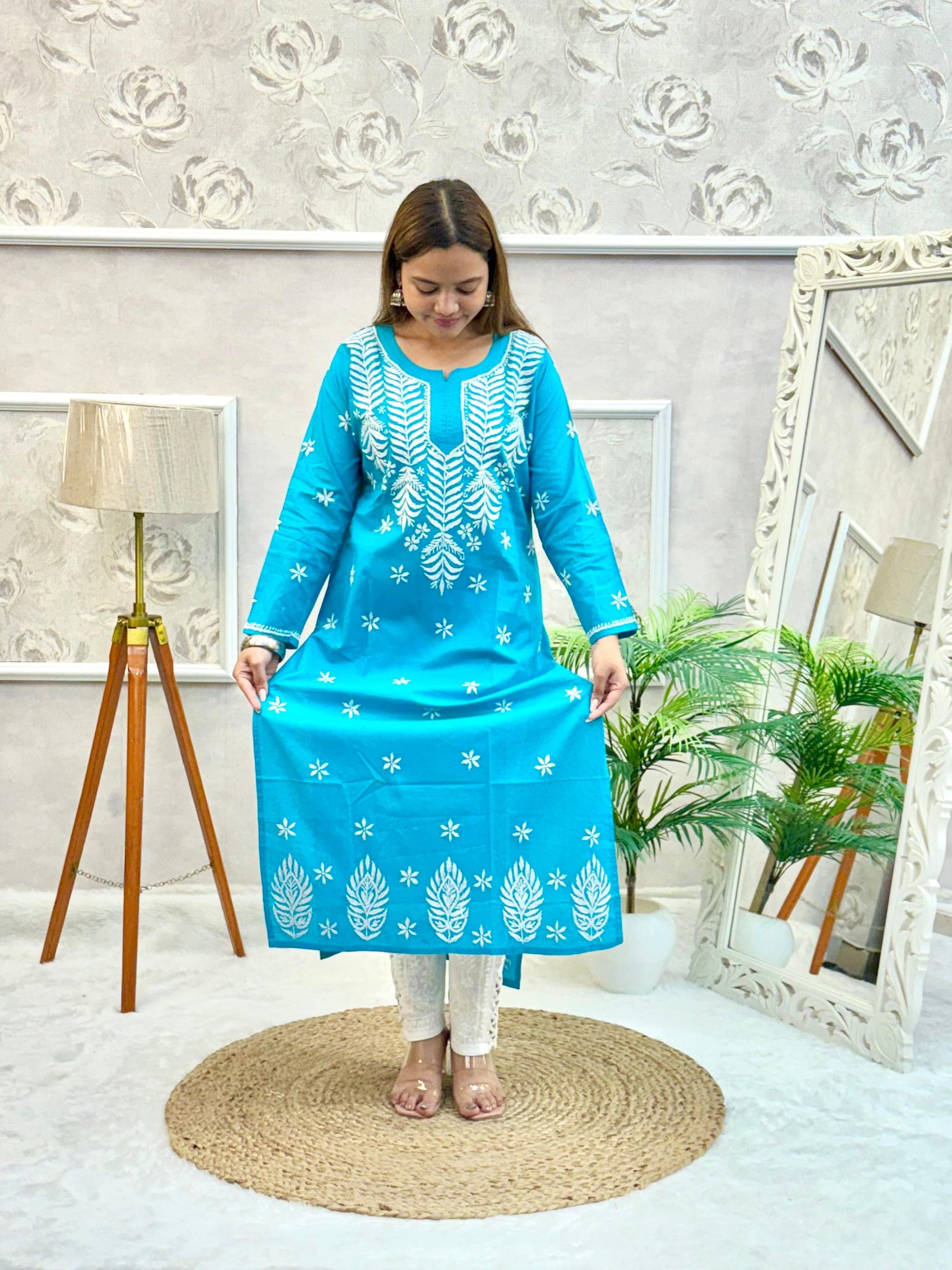 Sky blue cotton Lucknow Chikankari kurta with white thread embroidery