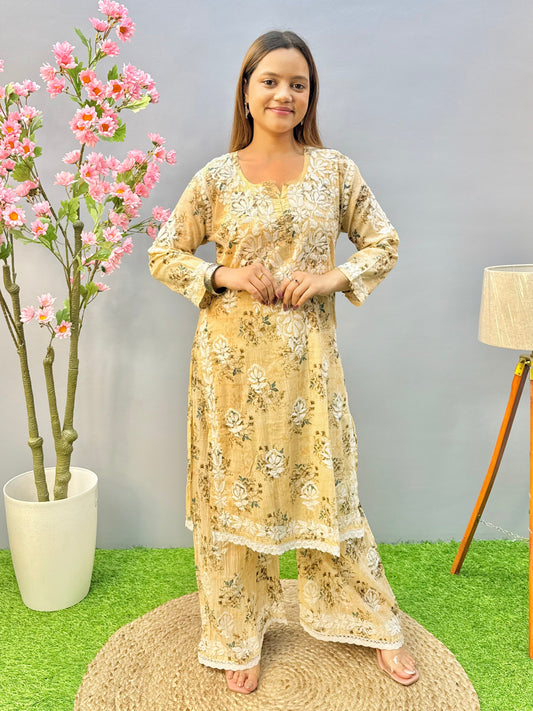 Beige floral mulmul chikankari kurta and palazzo set with lace detailing