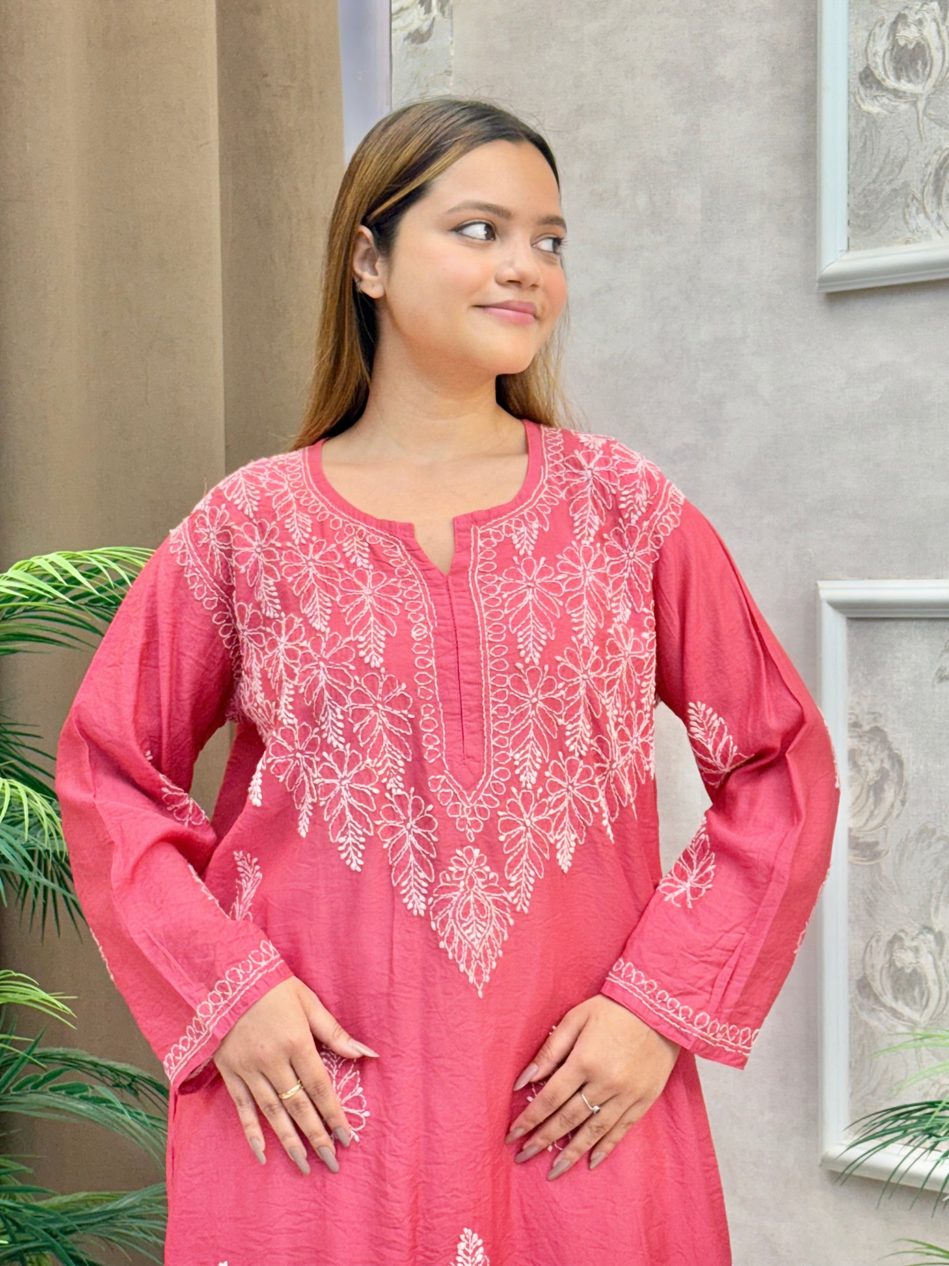 Rani pink chanderi Lucknow Chikankari kurta with bakhiya hand embroidery
