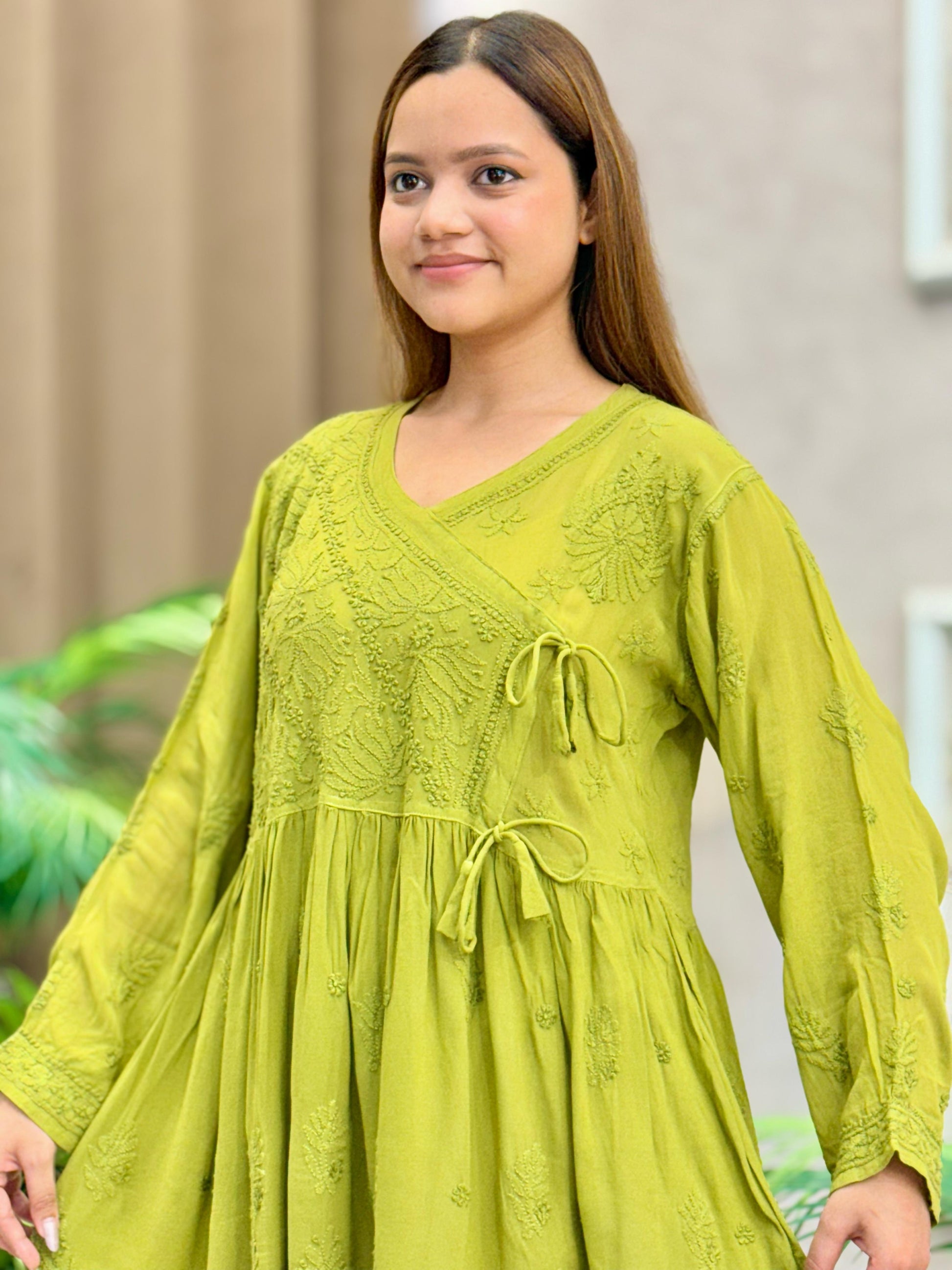 Olive green viscose short flared angrakha kurta with Lucknow chikankari embroidery