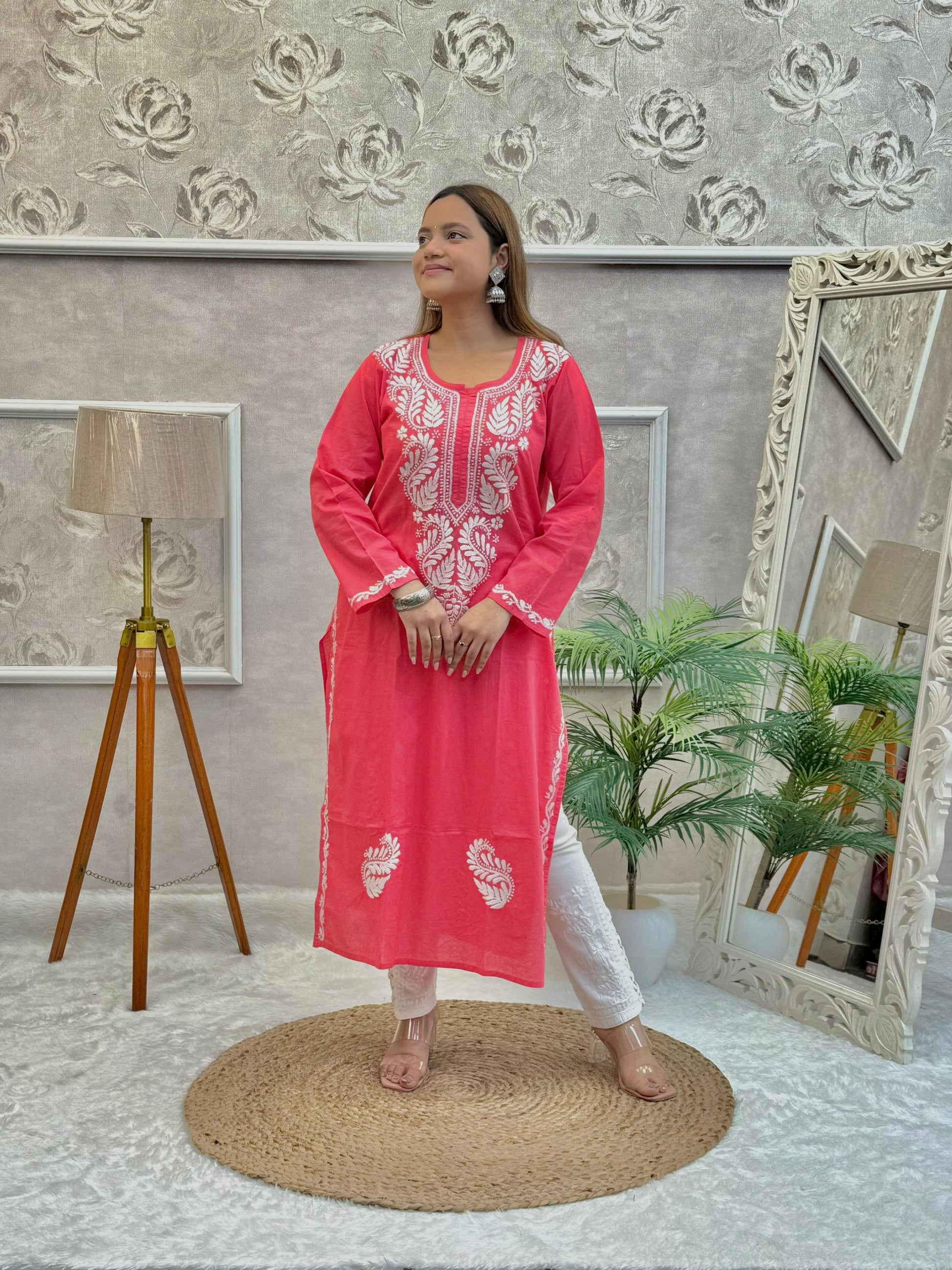 Bright pink cotton Lucknow Chikankari kurta with white hand embroidery – breathable and stylish casual wear