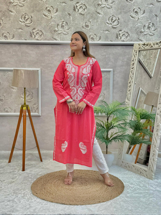 Bright pink cotton Lucknow Chikankari kurta with white hand embroidery – breathable and stylish casual wear