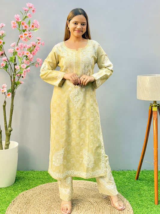 Beige printed Lucknow chikankari kurta and pant set in soft mulmul fabric