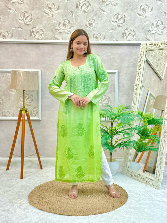 Lime green chanderi Lucknow Chikankari kurta with tonal hand embroidery