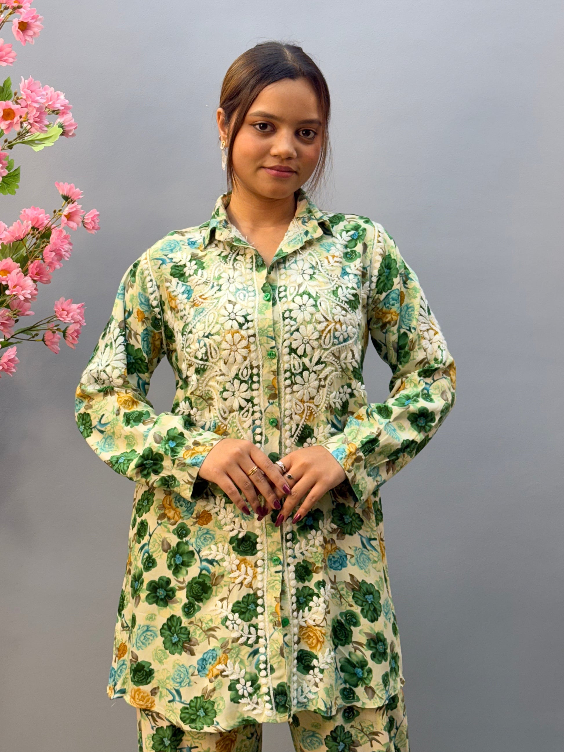 Green floral printed rayon co-ord set with white Lucknow Chikankari embroidery