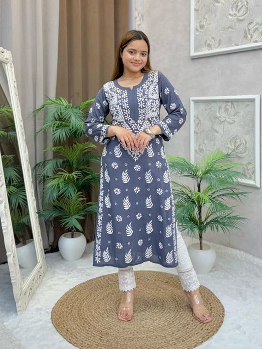 Grey modal fabric straight cut Lucknow Chikankari kurta with white thread embroidery