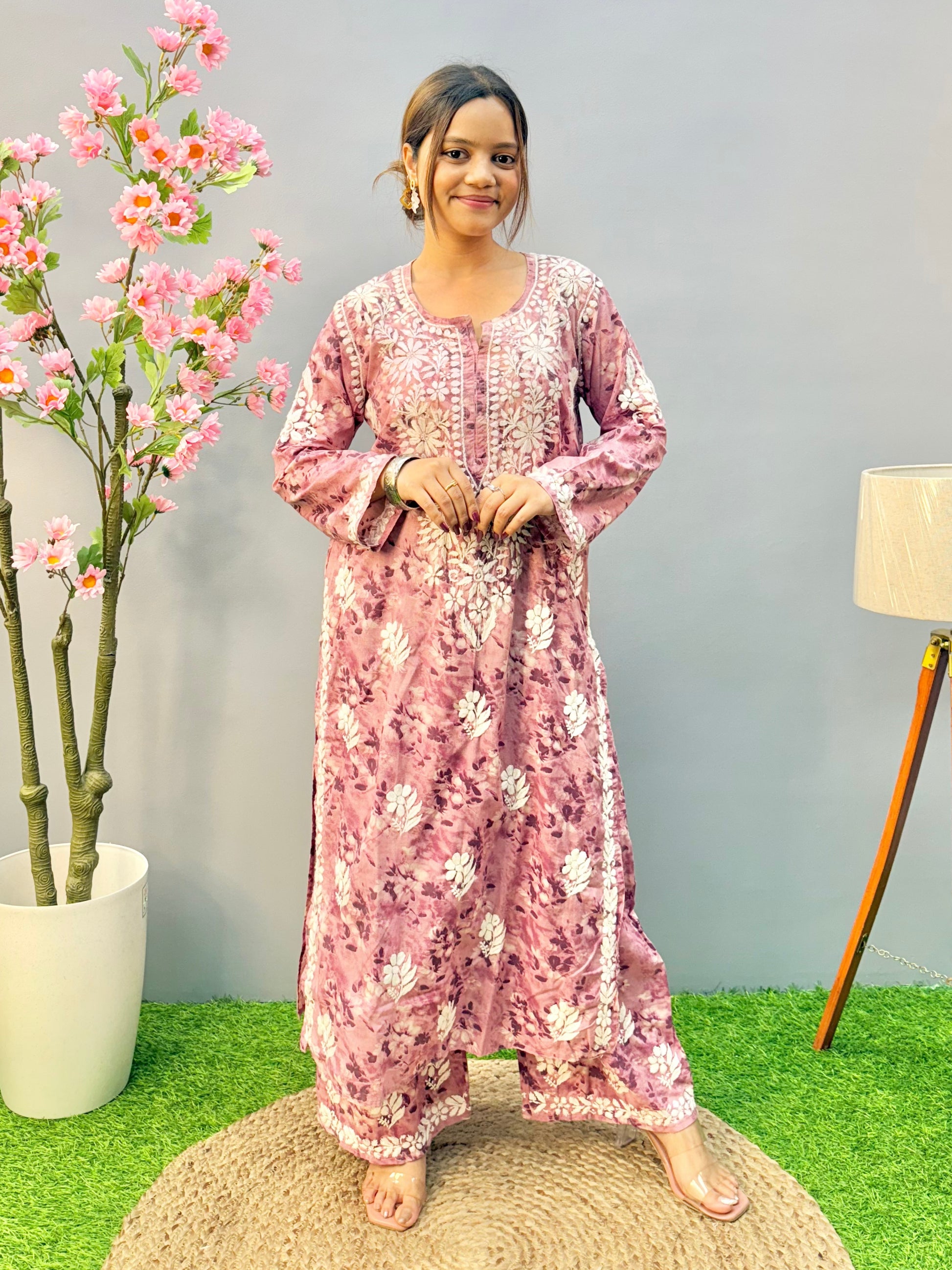 Rose mauve printed Lucknow chikankari kurta and palazzo set in soft mulmul fabric