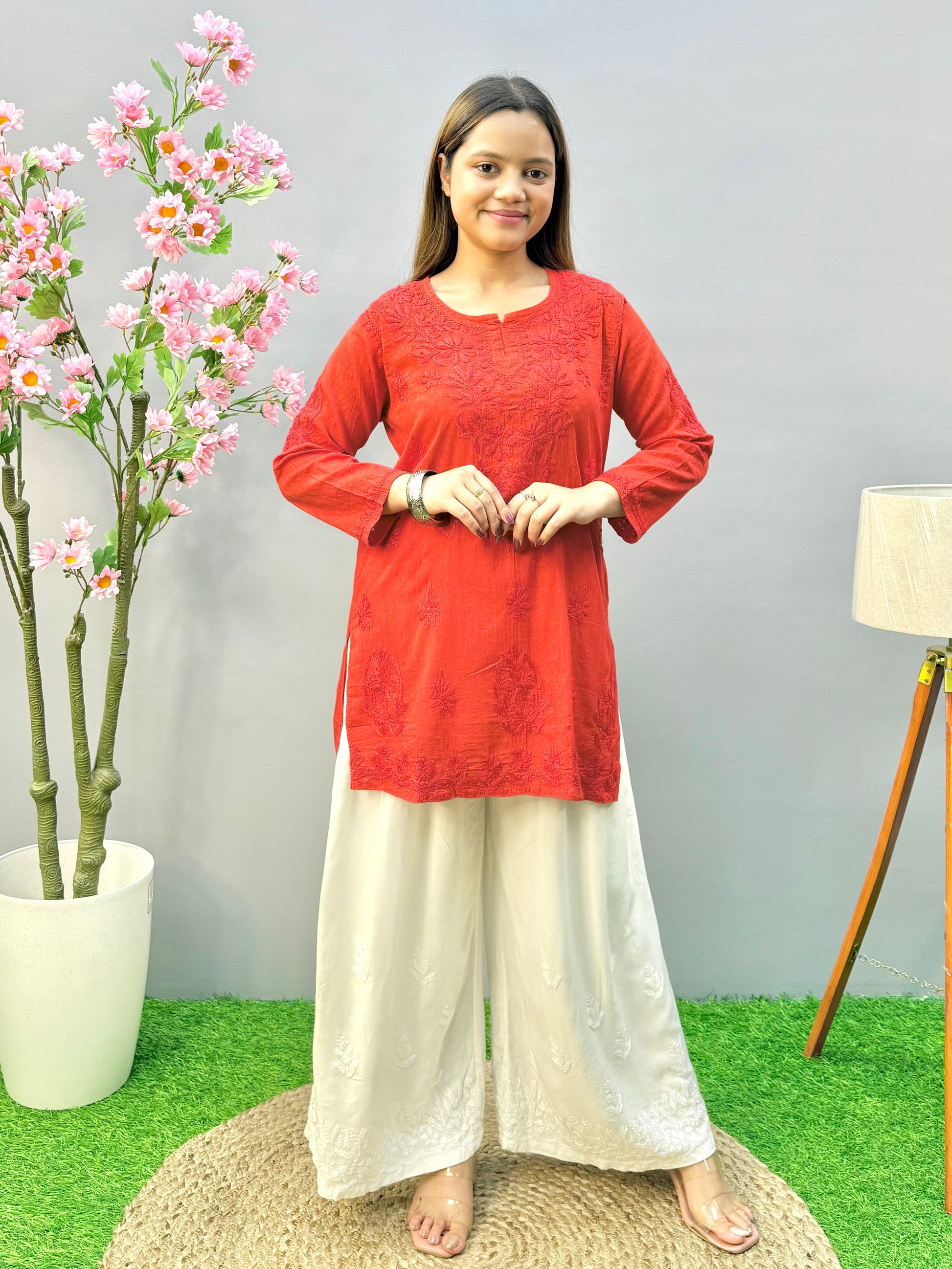 Rust red dobby cotton short chikankari kurta with hand embroidery