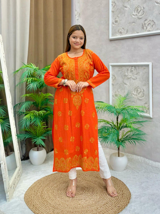 Fiery orange cotton kurta with golden contrast thread Lucknow chikankari embroidery