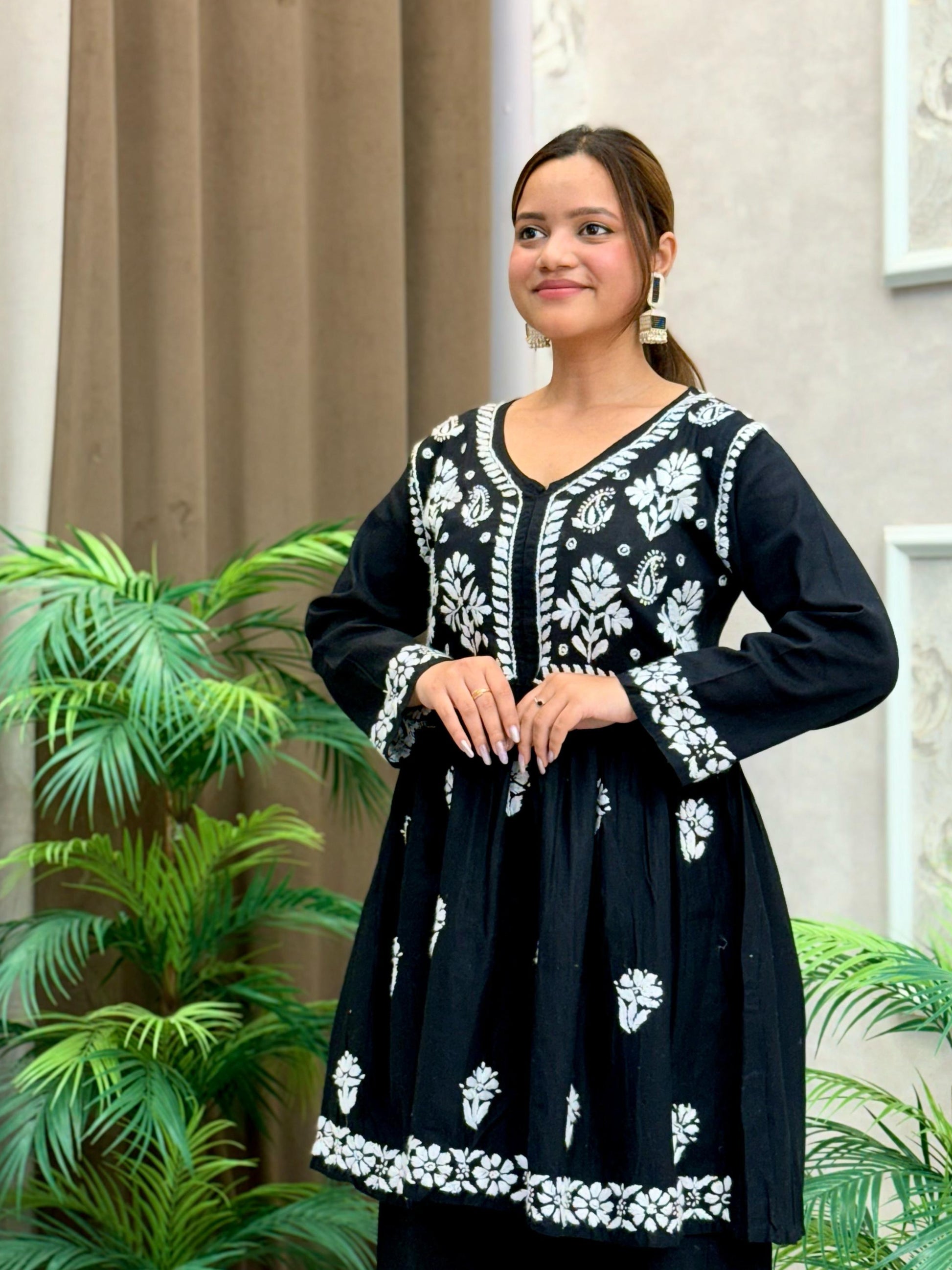 Black cotton Lucknow Chikankari kurta and palazzo set with white embroidery