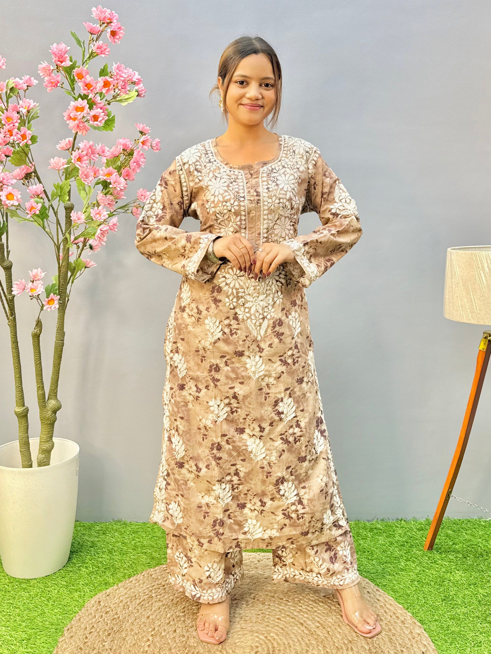 Beige brown printed chikankari kurta and palazzo set in breathable mulmul fabric