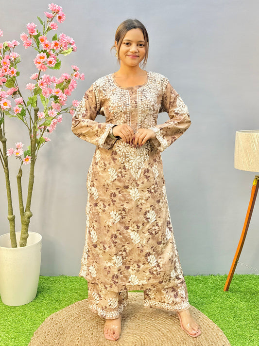 Beige brown printed chikankari kurta and palazzo set in breathable mulmul fabric
