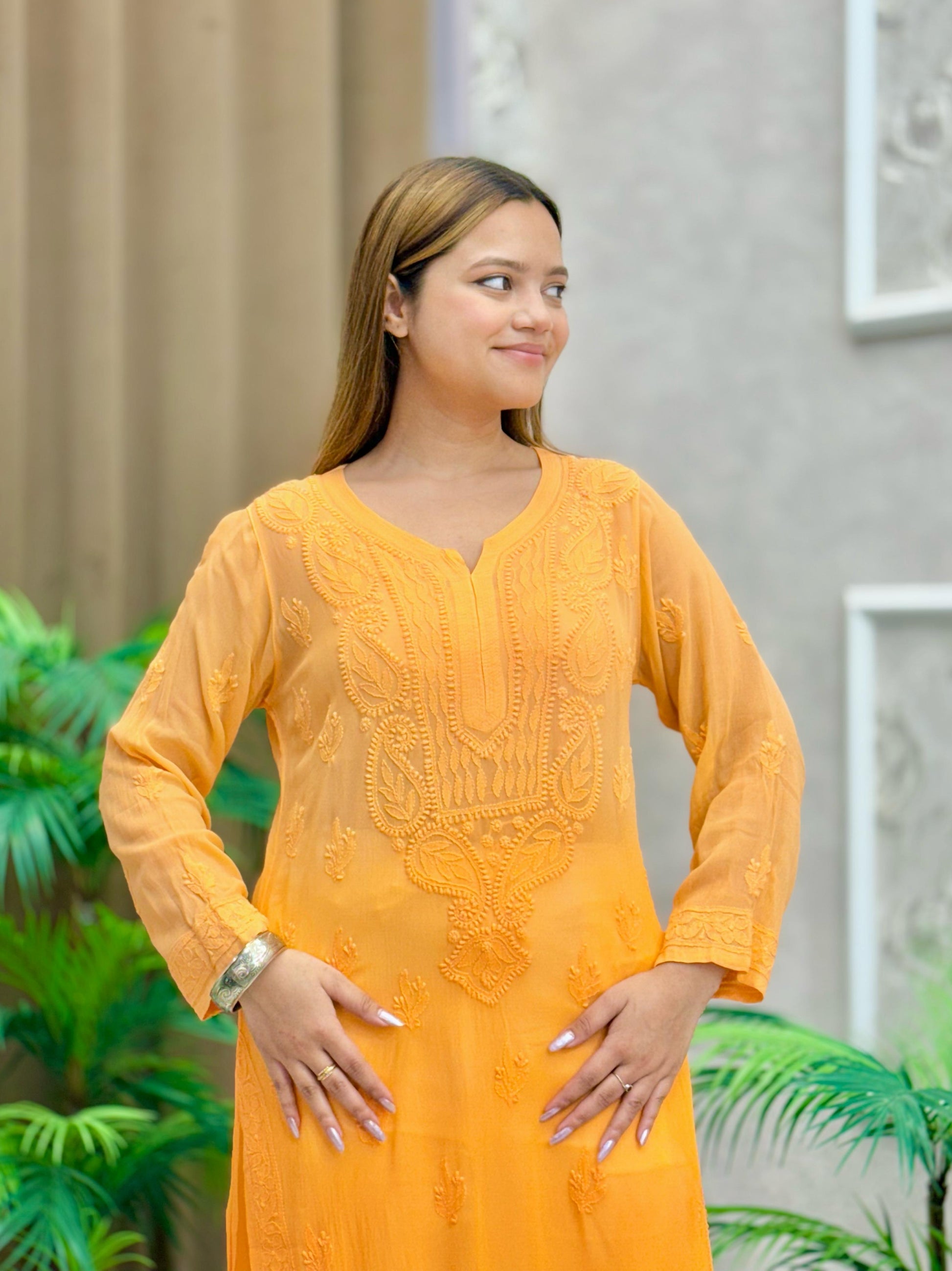 Amber orange viscose kurta with Lucknow chikankari hand embroidery