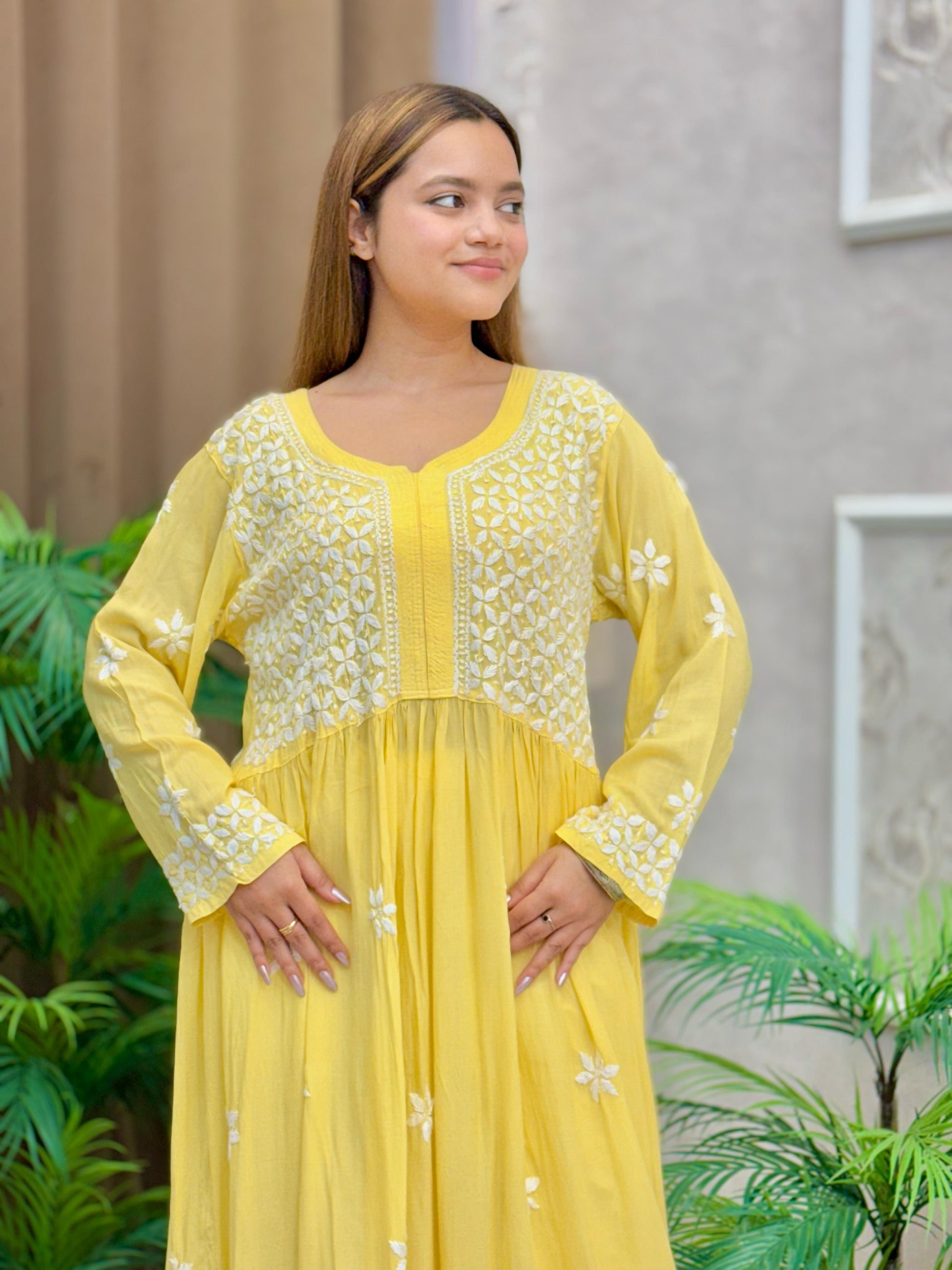 Yellow modal fabric Lucknow Chikankari long frock kurta with white hand embroidery