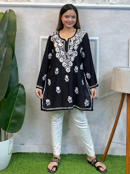 Black short modal Lucknowi Chikankari kurta with white hand embroidery