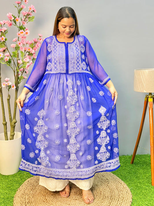 Royal blue georgette Lucknow Chikankari long frock kurta with white embroidery