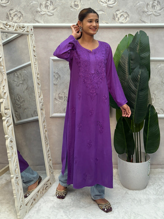Purple rayon Lucknow Chikankari kurta with fine hand embroidery.